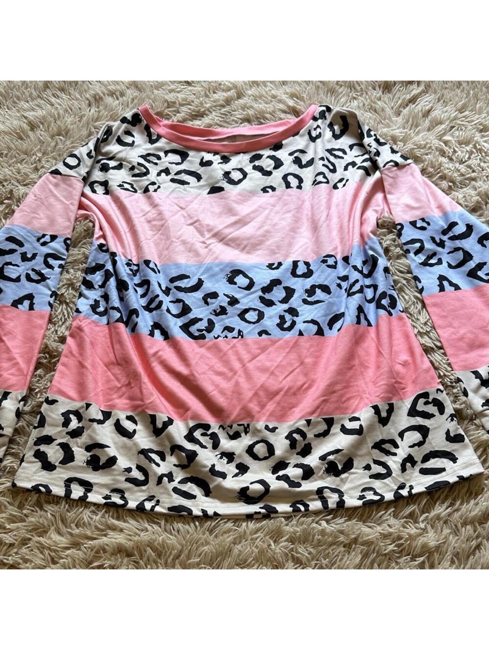 Long Sleeve Colorblock Leopard Print Shirt Size L